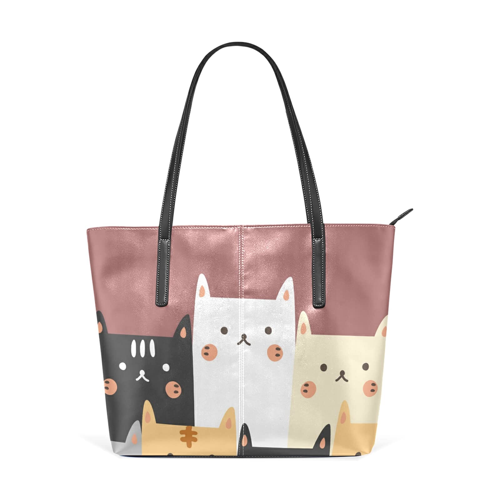 Cartoon Cat Cute Handbags Shoulder Bag Large Leather Tote Bags for Women Top Handle Shoulder Satchel White with Zipper Pocket for Work Travel