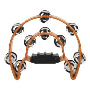 Handheld Tambourine Rattle Double Row Handbell Tambourine Plastic Metal Half Moon Handbell for Musical Education Imitation Wood Color