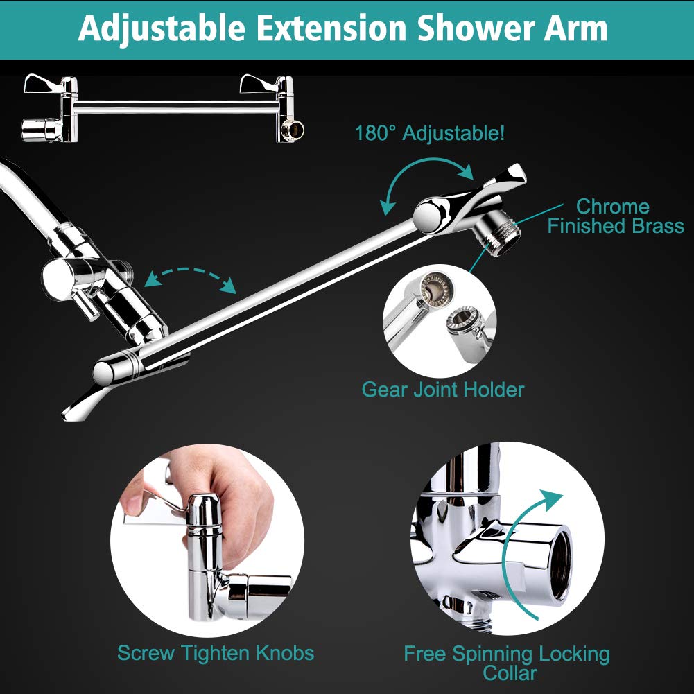 10 Inch High Pressure Rainfall Shower Head/Handheld Shower Combo with 11 Inch Extension Arm, 9 Settings Adjustable Anti-leak with Holder/Hose, Height/Angle Adjustable, Chrome