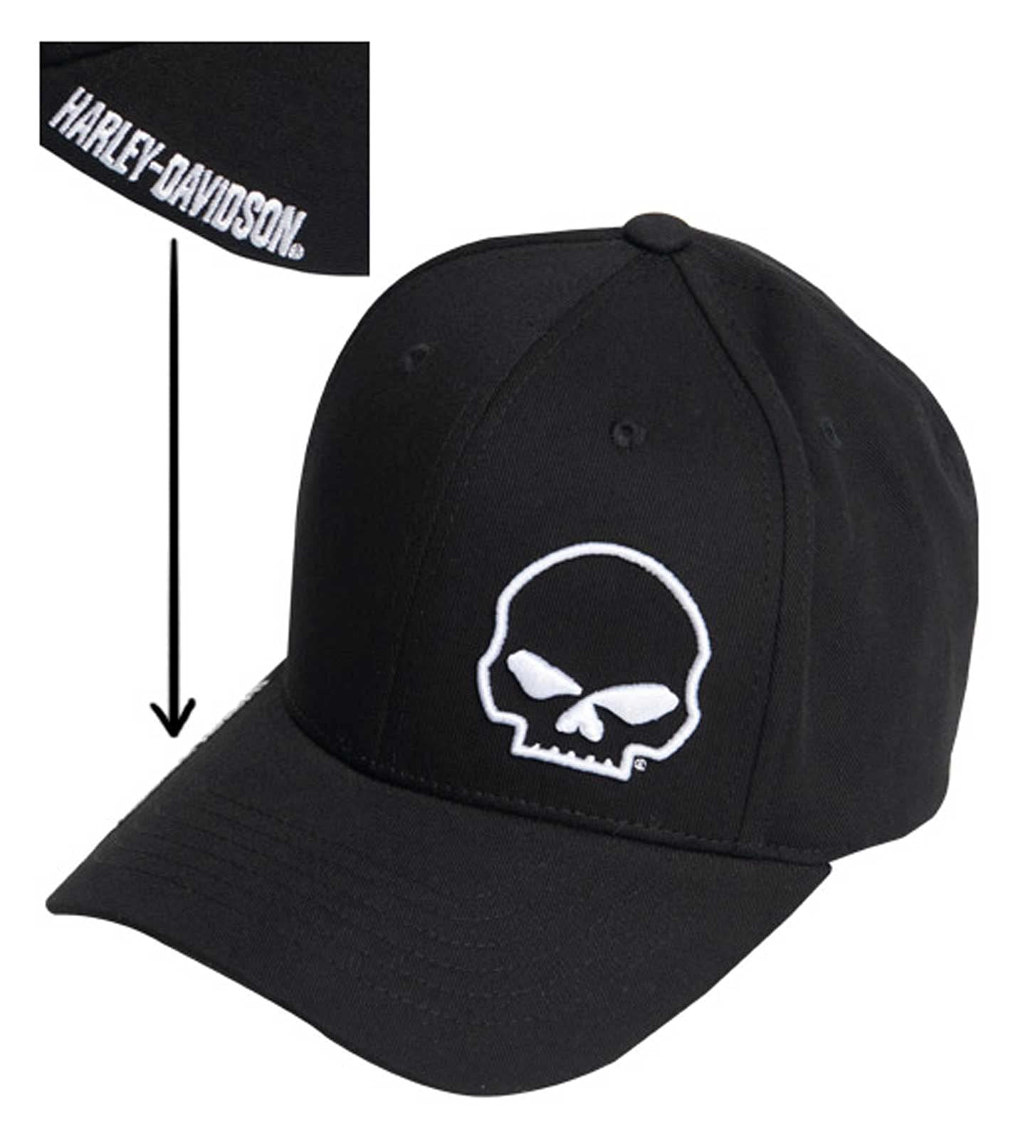 Harley-Davidson Men's Crooked Skull Curved Bill Stretch Fit Baseball Cap (L/XL) Black