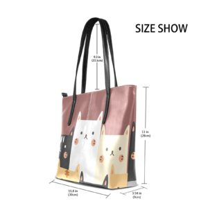 Cartoon Cat Cute Handbags Shoulder Bag Large Leather Tote Bags for Women Top Handle Shoulder Satchel White with Zipper Pocket for Work Travel