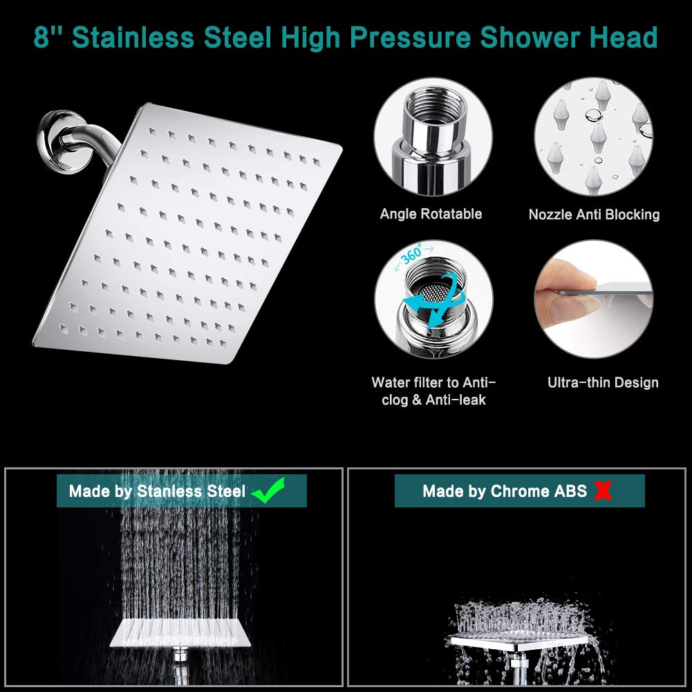 10 Inch High Pressure Rainfall Shower Head/Handheld Shower Combo with 11 Inch Extension Arm, 9 Settings Adjustable Anti-leak with Holder/Hose, Height/Angle Adjustable, Chrome