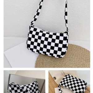 ZEHO Checkerboard Nylon Shoulder Bag Stylish Underarm Handbag Cute Retro Mini Shoulder Bag Trendy Clutch Purse 90s Y2k Bags, Black and White Checkerboard