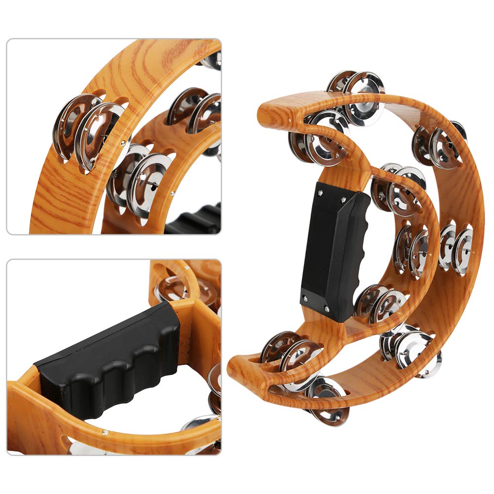 Handheld Tambourine Rattle Double Row Handbell Tambourine Plastic Metal Half Moon Handbell for Musical Education Imitation Wood Color