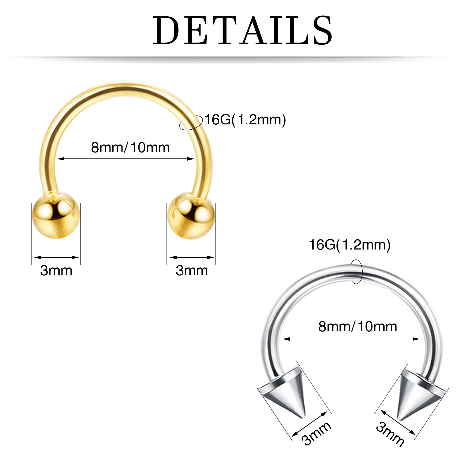 ORAZIO Septum Jewelry, 24-48Pcs 16G Surgical Steel Nose Piercing, Rose Gold Black Horseshoe Ring, Unisex Lip Eyebrow Daith Helix Piercing Ring, 8mm 10mm