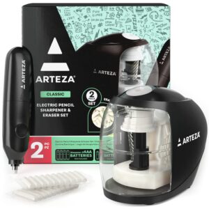 arteza pencil sharpener and electric eraser set, black, for 8-mm pencils, 20 eraser refills, office supplies for teachers, students, classrooms, and art studios