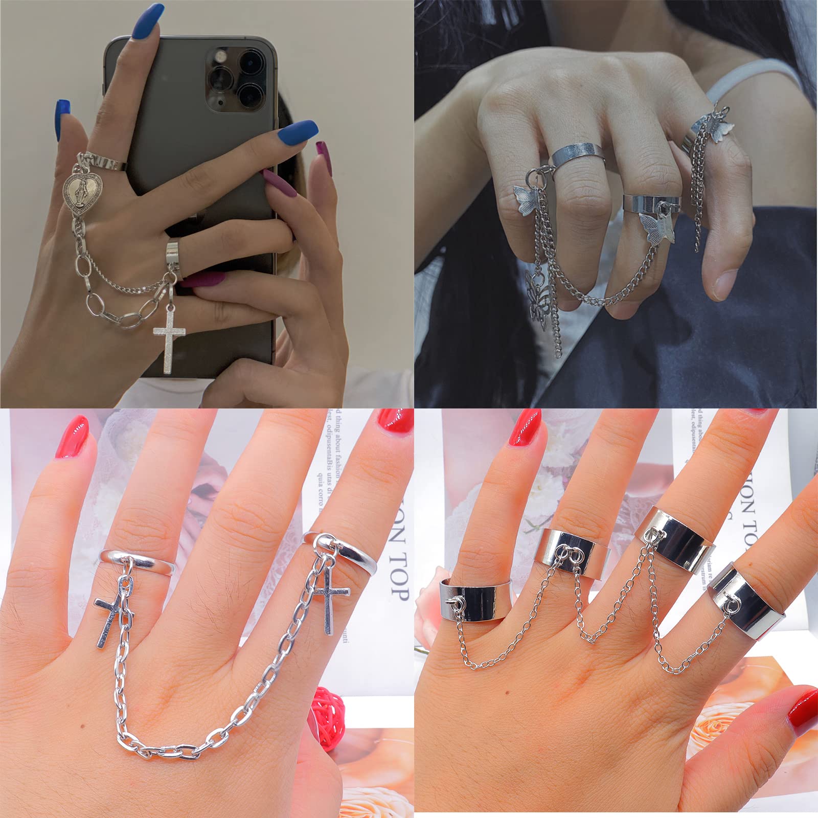 17Pcs Adjustable Punk Chain Rings Set， Vintage Knuckle Gothic Rings Set Alloy Biker Obsidian Chain Open Rings, Stackable Hollow Carved Finger Rings Midi Rings Joint Jewelry for Women (Silver)