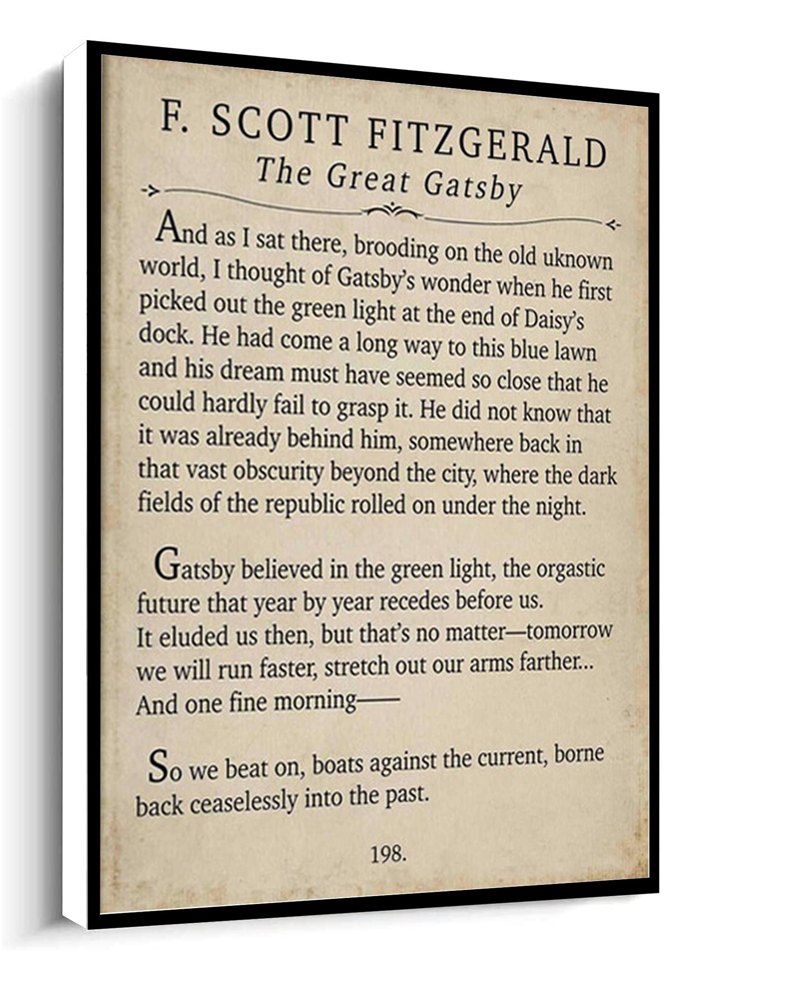 F Scott Fitzgerald Quote,The Great Gatsby,So We Beat On, Boats Against The Current Print Canvas wall art For living room bedroom office home decoration artwork 8"x12"Framed