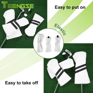 TEENGSE 3PCS PU Leather Golf Cover, Golf Club Head Covers Set with Classic Stripes for Protecting Wood Hybrid Golf Clubs, Waterproof and Lightweight