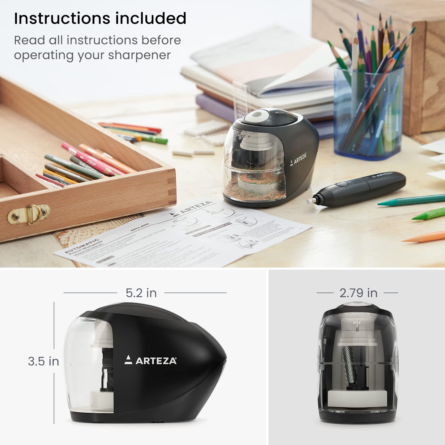 Arteza Pencil Sharpener and Electric Eraser Set, Black, for 8-mm Pencils, 20 Eraser Refills, Office Supplies for Teachers, Students, Classrooms, and Art Studios