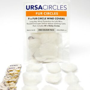 URSA Fur Circles - Mini Windshields for Lavalier/Lapel Microphones. Reduce Wind Noise & Clothing Rustle. Compatible with Sennheiser, RODE, Sanken, Tascam & More (9x Circles + 30x Stickies, White)