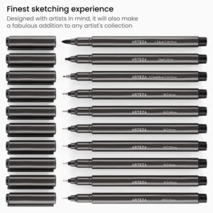 ARTEZA Micron Pens, Set of 10 Black Ink Archival Fineliners, Quick-Dry, Assorted Sizes Calligraphy Pens from 0.2mm to 7.9mm