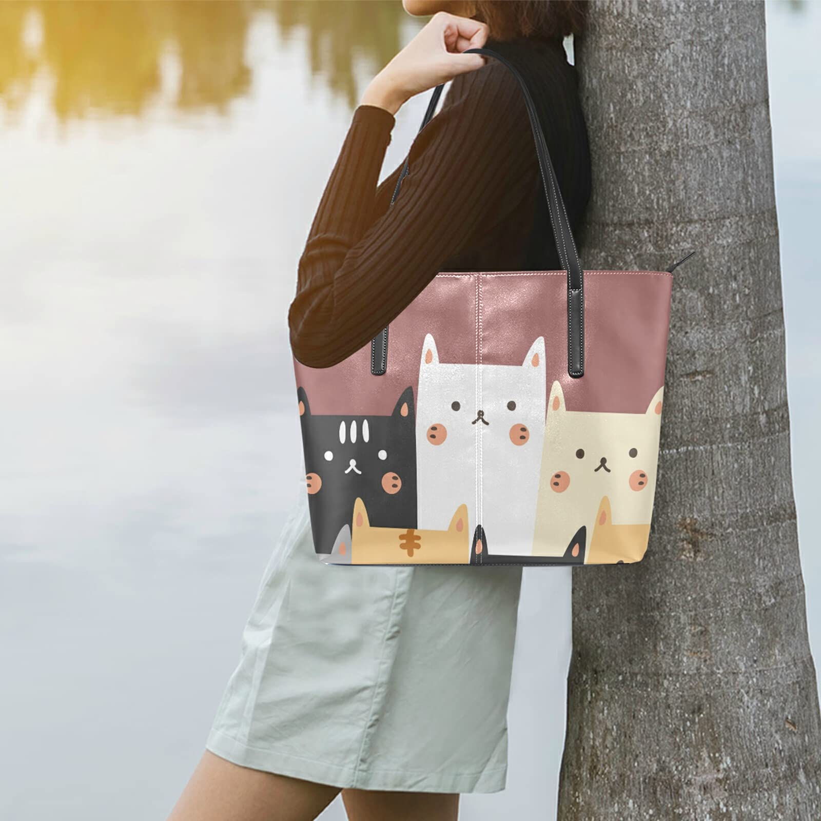 Cartoon Cat Cute Handbags Shoulder Bag Large Leather Tote Bags for Women Top Handle Shoulder Satchel White with Zipper Pocket for Work Travel