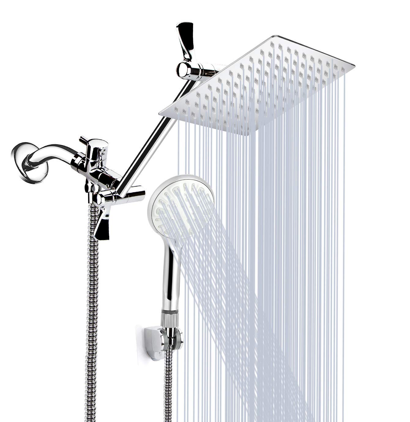 10 Inch High Pressure Rainfall Shower Head/Handheld Shower Combo with 11 Inch Extension Arm, 9 Settings Adjustable Anti-leak with Holder/Hose, Height/Angle Adjustable, Chrome