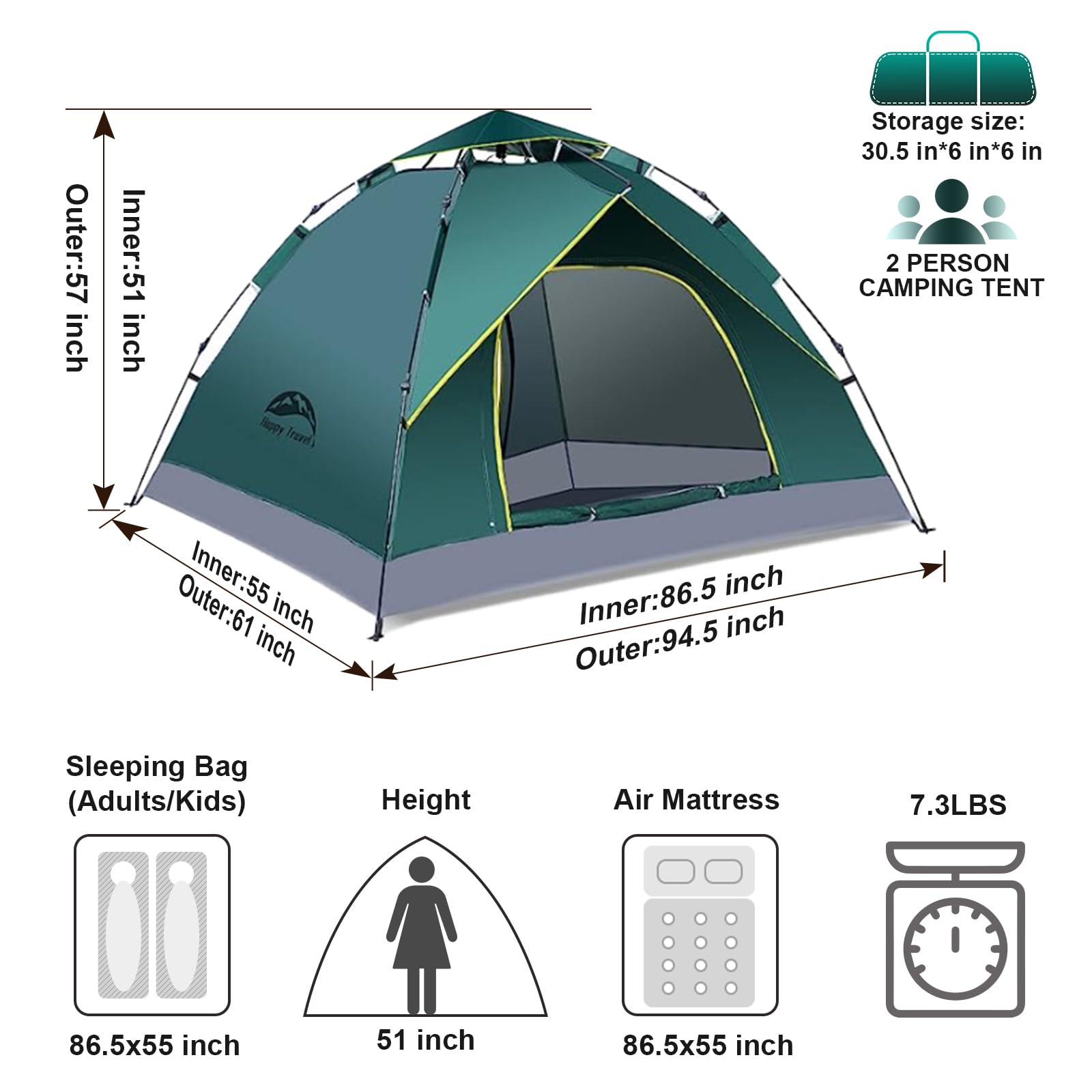 Happy Travel 1/2/3/4 Person Camping Tent, Instant Easy Pop Up Tents for Camping,Automatic Waterproof Family Camping Tent, Easy Set Up Tent,Portable Windproof Dome Tent for Camping Hiking & Traveling