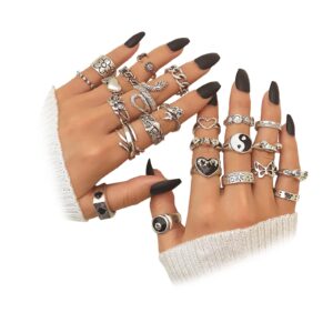 ifkm 15-63 pcs vintage silver knuckle rings set for women teen girl, stackable joint finger statement rings bohemian retro hollow carved midi rings, boho y2k snake butterfly heart chunky stacking