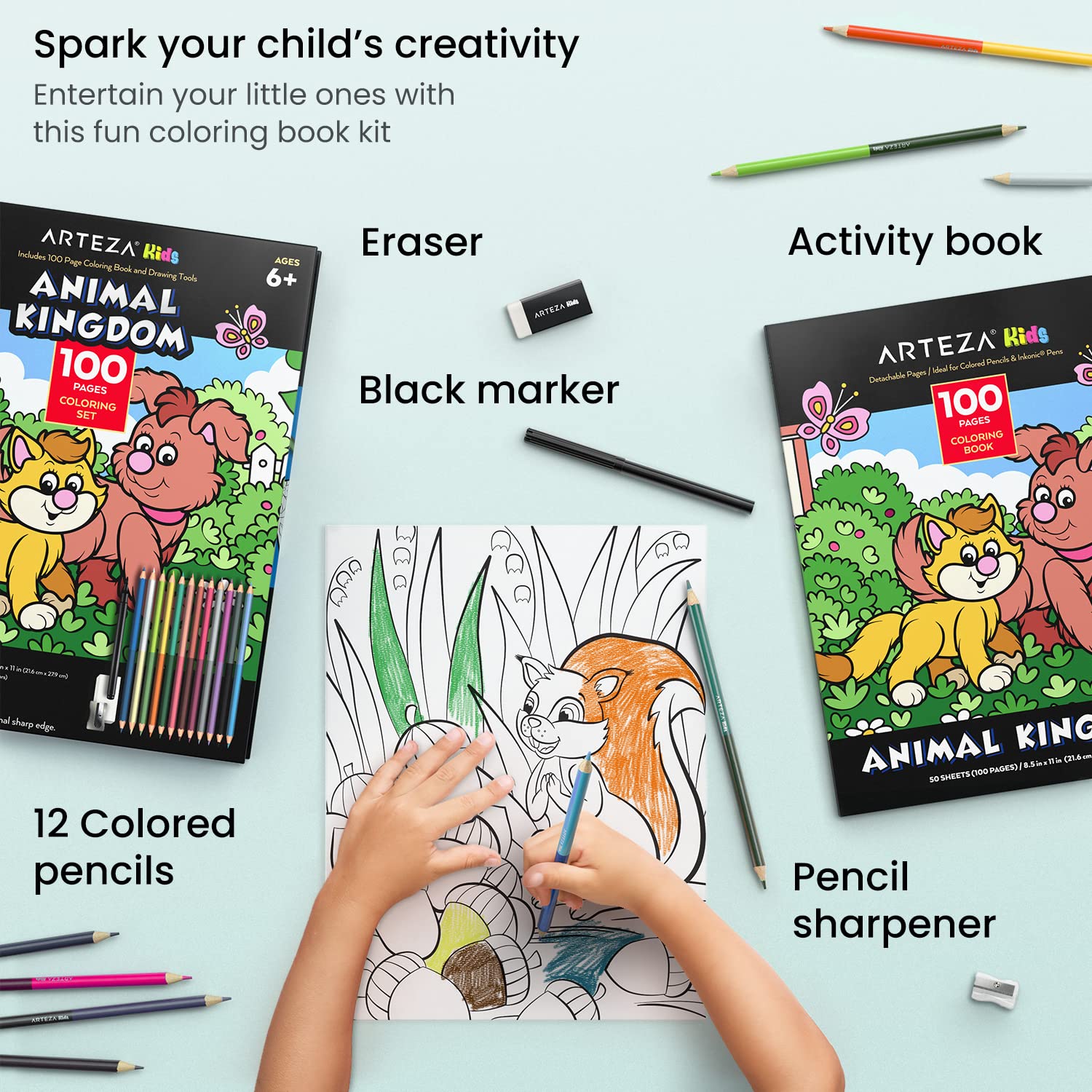 ARTEZA Kids Coloring Book and Colored Pencils Kit, Animal Kingdom Illustrations, 50 Double-Sided Sheets, 100lb Paper