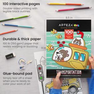 ARTEZA Kids Coloring Book and Colored Pencils Set, Transportation Illustrations, 50 Double-Sided Sheets, 100lb Paper