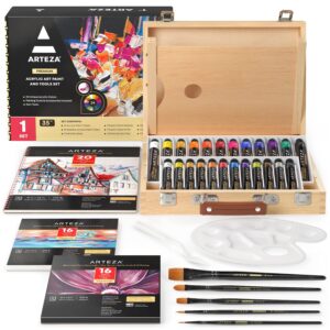 arteza acrylic paint set, 35-piece art set, includes 24 acrylic paints, 5 brushes, 1 paint palette, 1 paint knife, 3 painting pads, and storage case, art supplies for beginners and aspiring painters