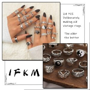 IFKM 15-63 PCS Vintage Silver Knuckle Rings Set for Women Teen Girl, Stackable Joint Finger Statement Rings Bohemian Retro Hollow Carved Midi Rings, Boho Y2k Snake Butterfly Heart Chunky Stacking