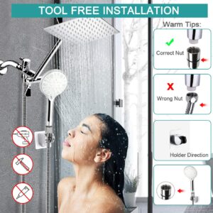 10 Inch High Pressure Rainfall Shower Head/Handheld Shower Combo with 11 Inch Extension Arm, 9 Settings Adjustable Anti-leak with Holder/Hose, Height/Angle Adjustable, Chrome