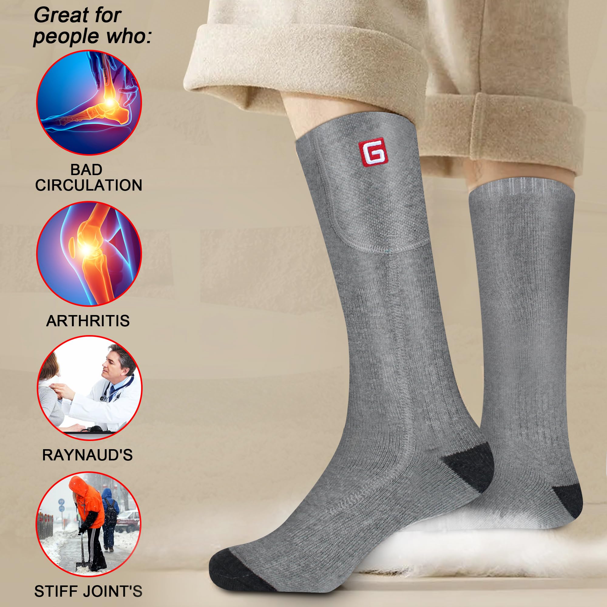 Rabbitroom Heated Socks for Men Women Rechargeable Electric Socks Battery Powered 3 Heat Settings Thermal Foot Warmer Perfect for Skiing Hunting Hiking Motorcycling (Gray, L)