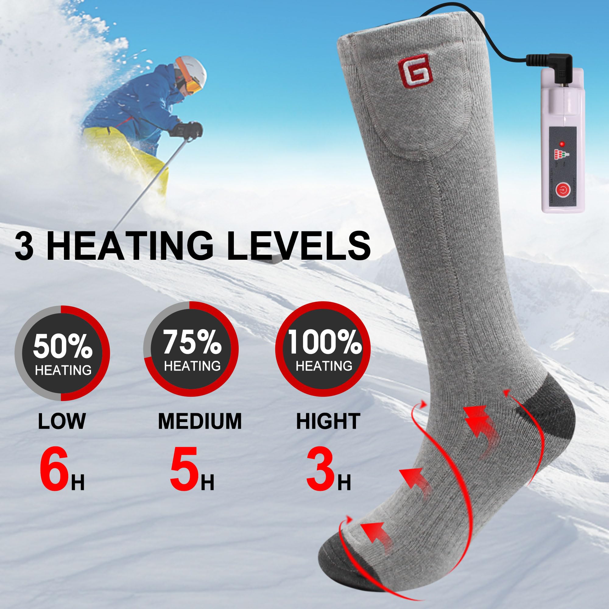 Rabbitroom Heated Socks for Men Women Rechargeable Electric Socks Battery Powered 3 Heat Settings Thermal Foot Warmer Perfect for Skiing Hunting Hiking Motorcycling (Gray, L)