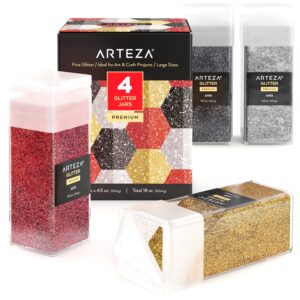 Arteza Fine Glitter, Set of 4 Colors — Red, Graphite, Silver, and Gold Glitter for Resin in 4.5-oz Bottles, Arts and Crafts Supplies for Art Class, After-School Programs, and Holiday Craft Projects