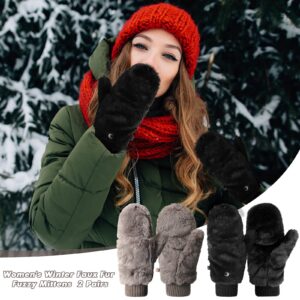 SATINIOR Faux Fur Mittens Fingerless Gloves Winter Warm Soft Half Finger Fuzzy Lined Wool Mittens for Women Girl (Black, Gray,2 Pair)