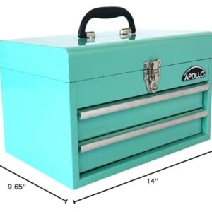 Apollo Tools 14 Inch Steel Tool Box with Deep Top Compartment and 2 Drawers in Heavy-Duty Steel With Ball Bearing Opening and Powder Coated Finish - Aqua Green - DT5010-GR