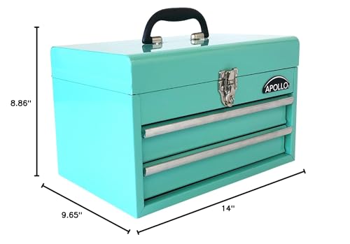 Apollo Tools 14 Inch Steel Tool Box with Deep Top Compartment and 2 Drawers in Heavy-Duty Steel With Ball Bearing Opening and Powder Coated Finish - Aqua Green - DT5010-GR