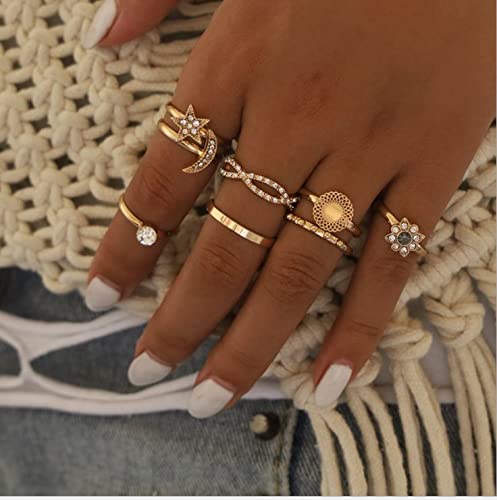 JEWEKY Moon Stackble Rings Crystal Knuckle Ring Set Gold Star Adjustable Rings Circle Accessories for Women (Pack of 6)