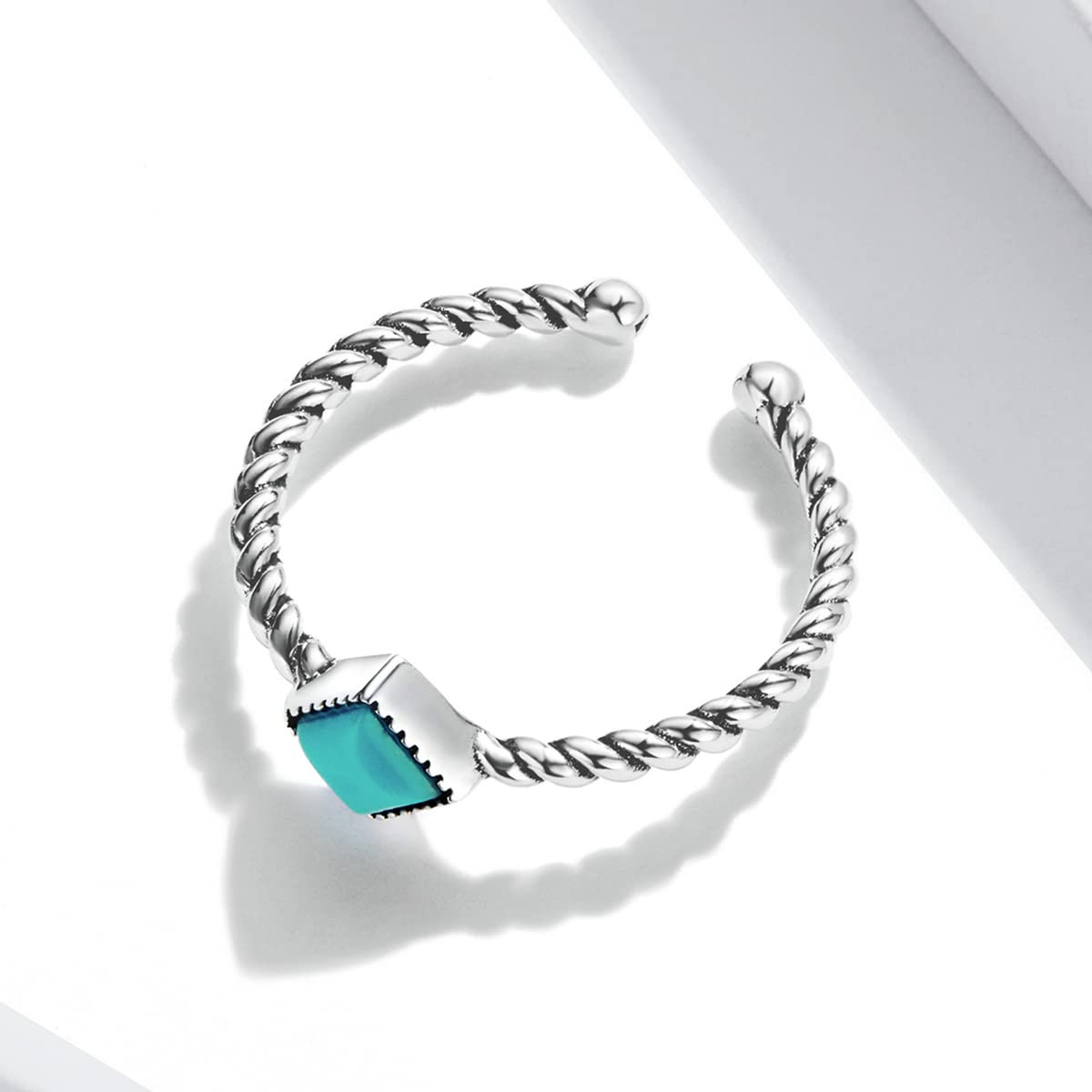 Qings Turquoise Ring Adjustable Open - Sterling Silver Stackable Statement Ring Blue Square Gemstone Twisted Rope Ring Vintage Boho Women Fashion Ring Western Wedding Jewelry Gifts