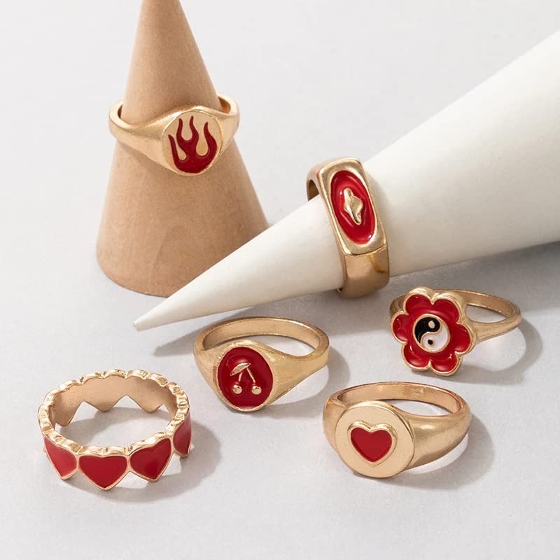 Colorful Rings for Women Teen Girls, Cute Y2K Rings, Chunky Heart Flower Ying Yang Rings,Y2K Jewelry, Trendy Gold Signet Enamel Rings, Aesthetic Statement Stackable Rings (28pcs y2k)