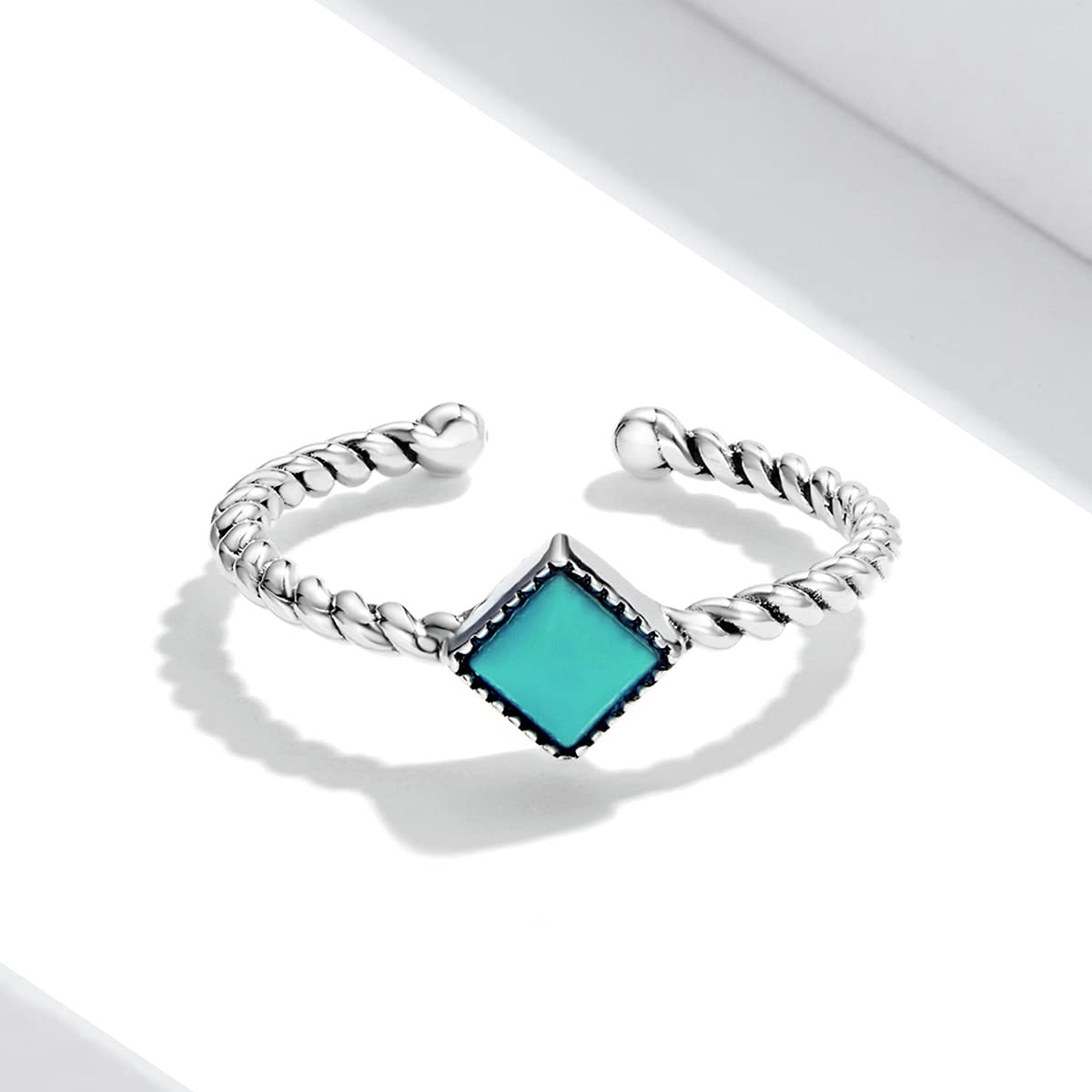 Qings Turquoise Ring Adjustable Open - Sterling Silver Stackable Statement Ring Blue Square Gemstone Twisted Rope Ring Vintage Boho Women Fashion Ring Western Wedding Jewelry Gifts