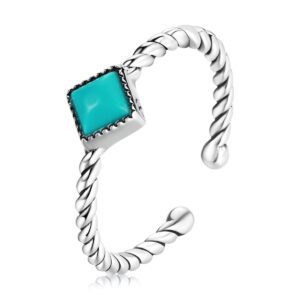 Qings Turquoise Ring Adjustable Open - Sterling Silver Stackable Statement Ring Blue Square Gemstone Twisted Rope Ring Vintage Boho Women Fashion Ring Western Wedding Jewelry Gifts