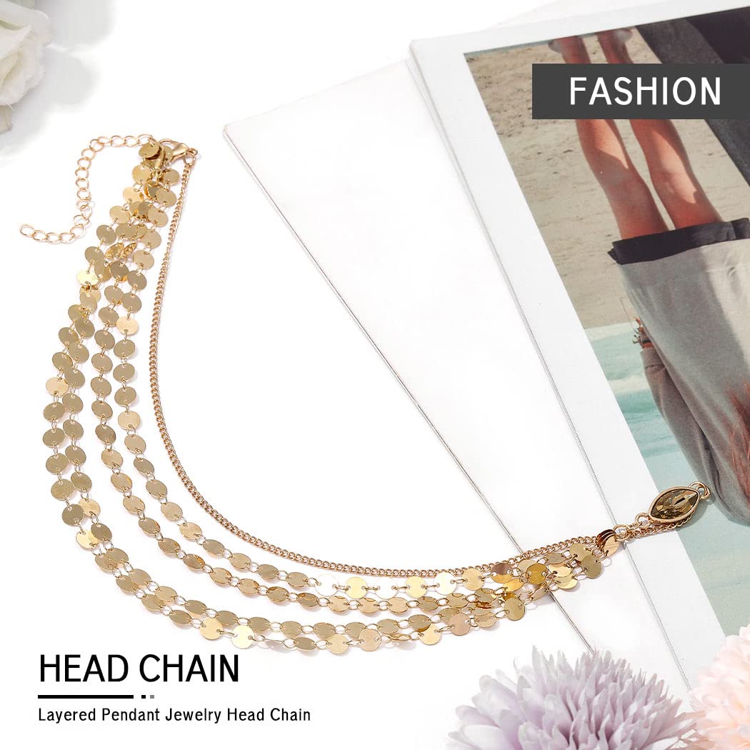 Aukmla Boho Sequins Head Chain Festival Wedding Headpiece Hair Chain Spring Summer Christmas Fashion Headband Hair Jewelry for Women and Girls (Gold)