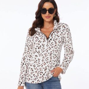 P&A Fashion Women's Long Sleeve Leopard Print Sweatshirt V Neck Quarter Zip Fleece Pullover Tops (XX-Large, White 1)