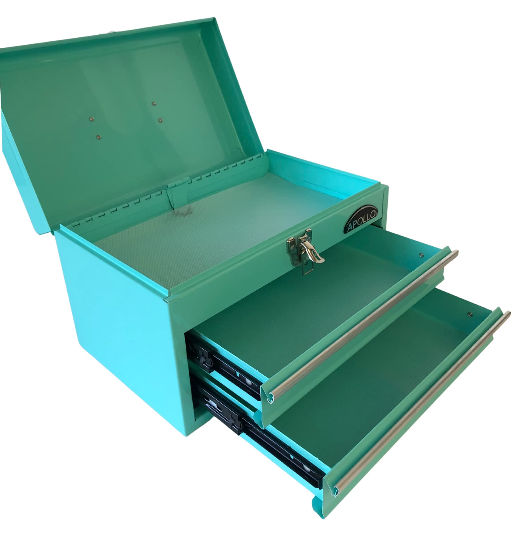 Apollo Tools 14 Inch Steel Tool Box with Deep Top Compartment and 2 Drawers in Heavy-Duty Steel With Ball Bearing Opening and Powder Coated Finish - Aqua Green - DT5010-GR