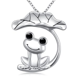 FLYOW Frog Animal Necklaces for Women Sterling Silver Frog with Lotus Leaf Pendant, Best Christmas Jewelry Birthday Gifts