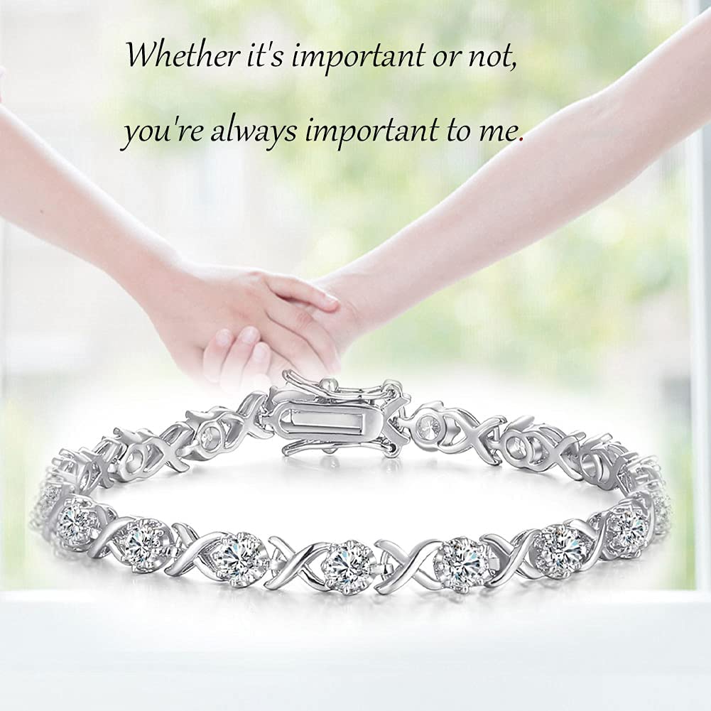 Foruiston Silver Bracelets & XO Tennis Bracelet 7.25"- Perfect Valentine's Day Jewelry Gifts for Women (White, Box clasp with safety)