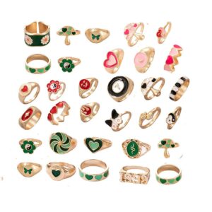 Colorful Rings for Women Teen Girls, Cute Y2K Rings, Chunky Heart Flower Ying Yang Rings,Y2K Jewelry, Trendy Gold Signet Enamel Rings, Aesthetic Statement Stackable Rings (28pcs y2k)