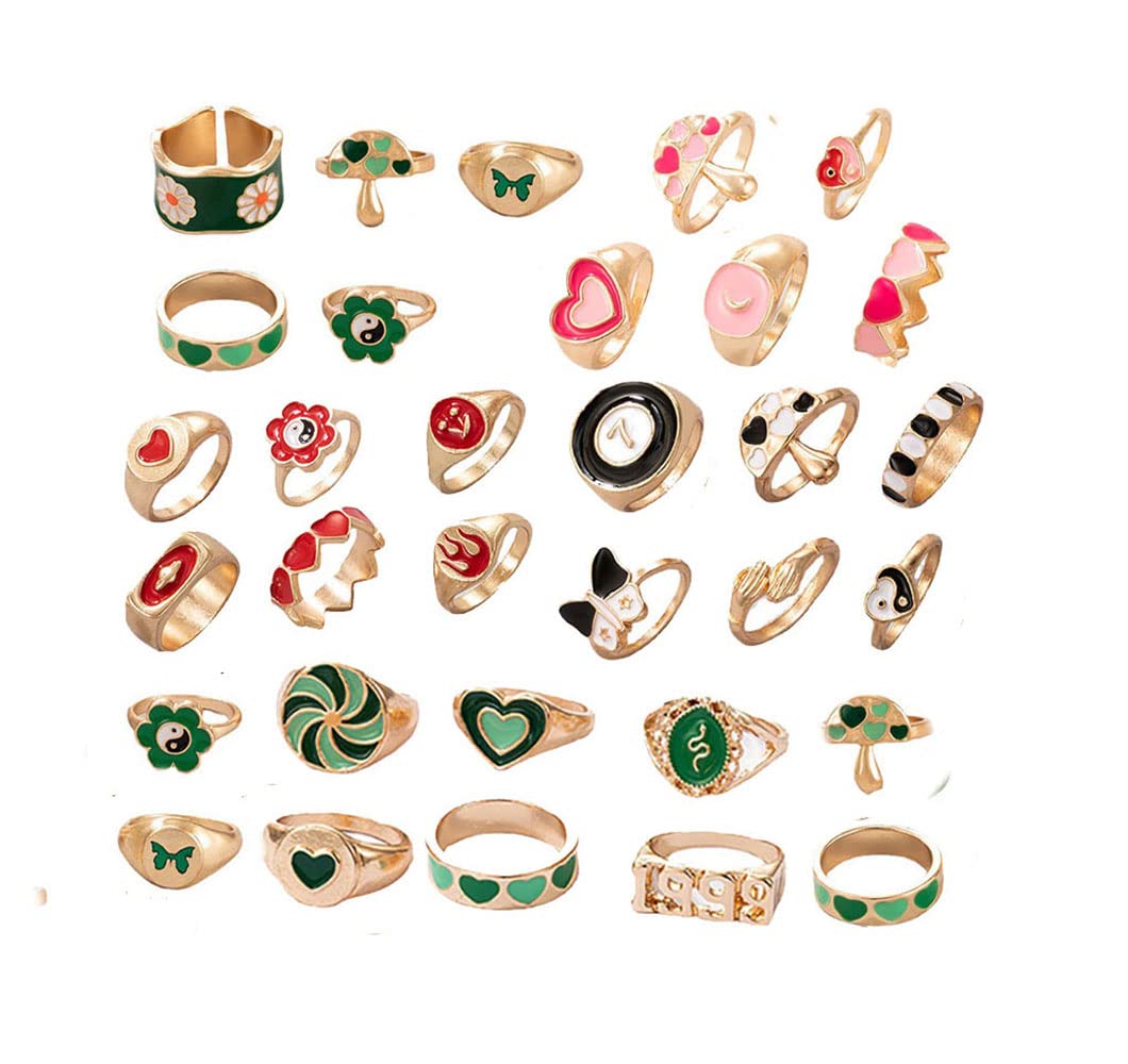 Colorful Rings for Women Teen Girls, Cute Y2K Rings, Chunky Heart Flower Ying Yang Rings,Y2K Jewelry, Trendy Gold Signet Enamel Rings, Aesthetic Statement Stackable Rings (28pcs y2k)