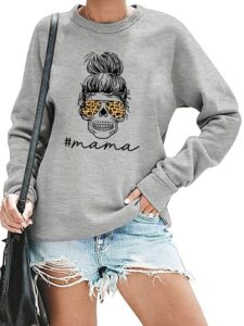 starvnc funny mama sweatshirt for women mom life leopard skull graphic shirt casual long sleeve pullover tops, grey