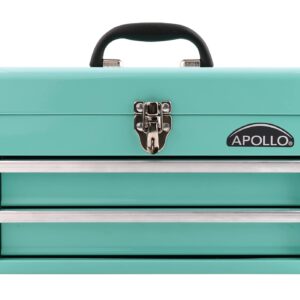 Apollo Tools 14 Inch Steel Tool Box with Deep Top Compartment and 2 Drawers in Heavy-Duty Steel With Ball Bearing Opening and Powder Coated Finish - Aqua Green - DT5010-GR