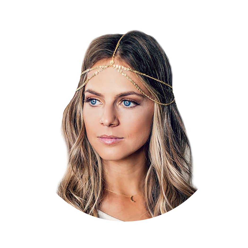 Aukmla Boho Sequins Head Chain Festival Wedding Headpiece Hair Chain Spring Summer Christmas Fashion Headband Hair Jewelry for Women and Girls (Gold)