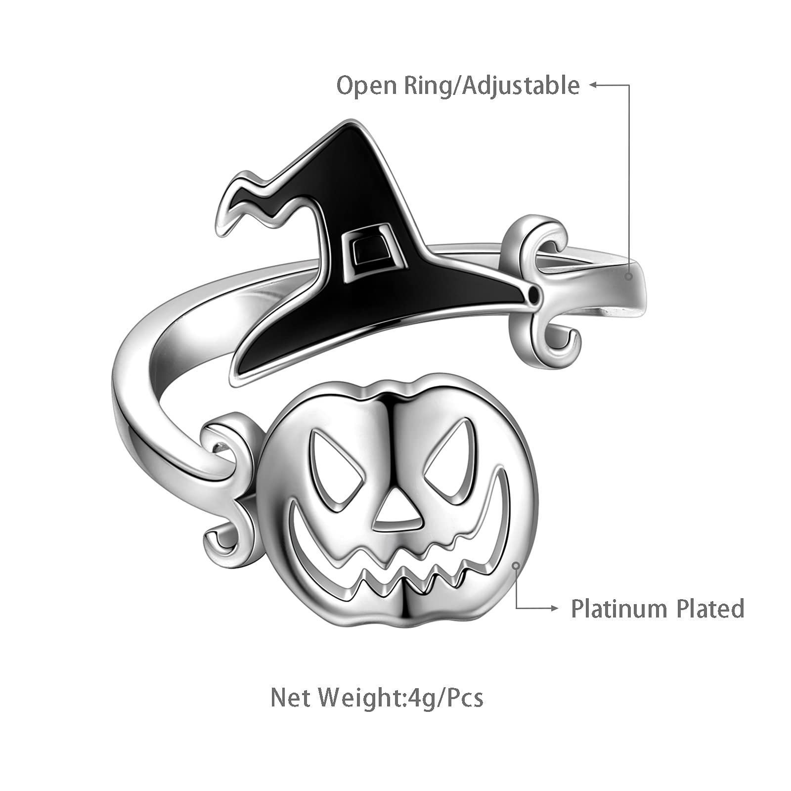 beautlace Halloween Pumpkin Adjustable Rings and Wizard Witche's Hat Ring Silver Plated Halloween Ghost Witch Broom Ring Open Finger Ring Party Jewelry KR0065W