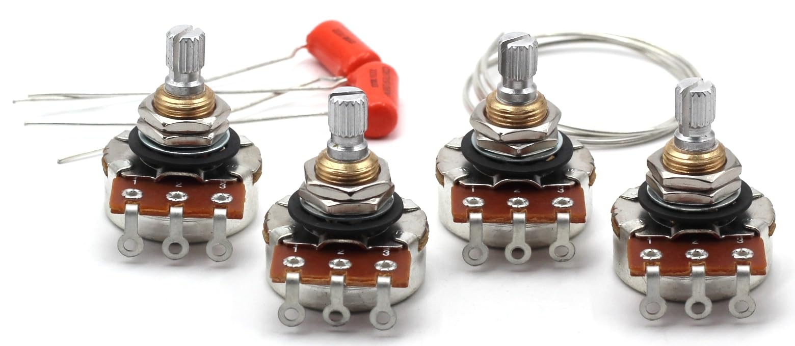 (4x) Bourns 500K SHORT SPLIT Shaft Audio Potentiometers + (2x) .022uf Orange Drop Capacitors - For Electric Guitar