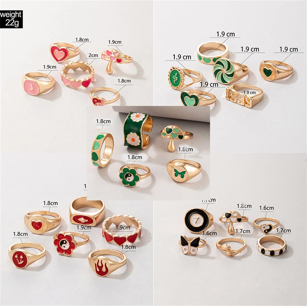 Colorful Rings for Women Teen Girls, Cute Y2K Rings, Chunky Heart Flower Ying Yang Rings,Y2K Jewelry, Trendy Gold Signet Enamel Rings, Aesthetic Statement Stackable Rings (28pcs y2k)