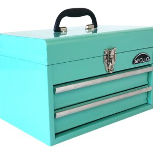 Apollo Tools 14 Inch Steel Tool Box with Deep Top Compartment and 2 Drawers in Heavy-Duty Steel With Ball Bearing Opening and Powder Coated Finish - Aqua Green - DT5010-GR